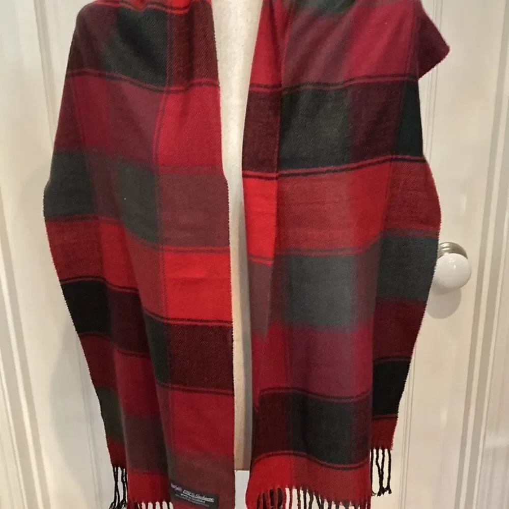 Red and green plaid hundred percent cashmere scarf made in Scotland